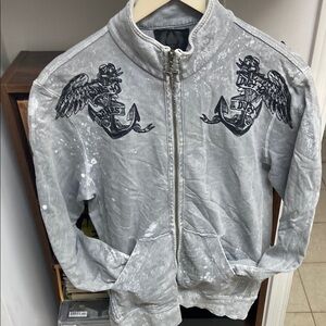 Vintage Salvage Embroidered Grey Distressed “Seek and Destroy” Zip-up Jacket